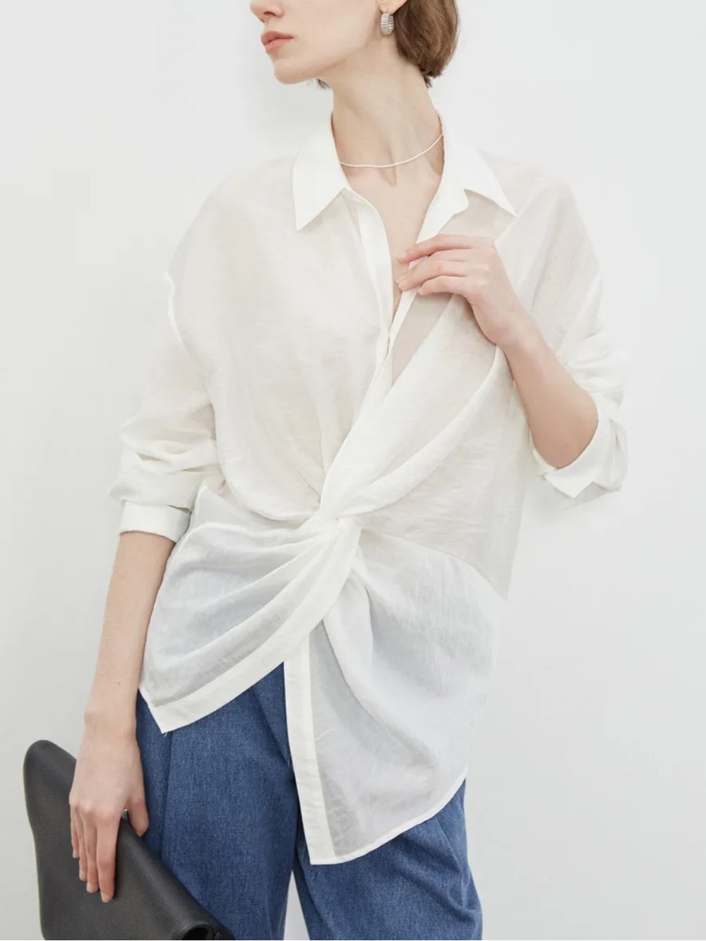MUNJOUR Off White Twist Front Long Sleeve Button Down Shirt Blouse Sheer xs